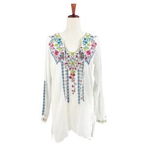 BIYA by JOHNNY WAS Floral Embroidered White Keyhole Neck 100% Cotton Tunic Sz S